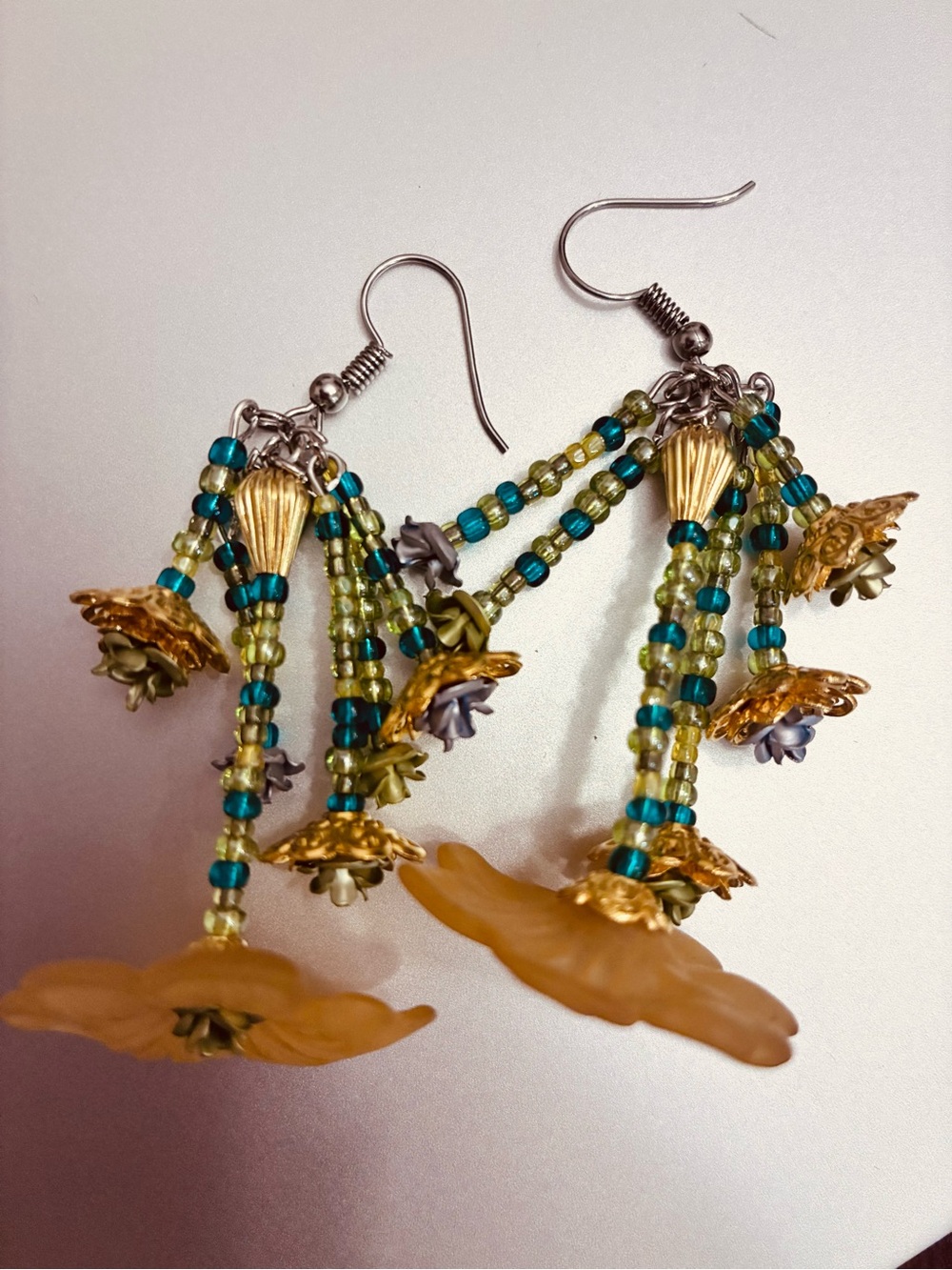 Handmade beaded and lucite floral earrings